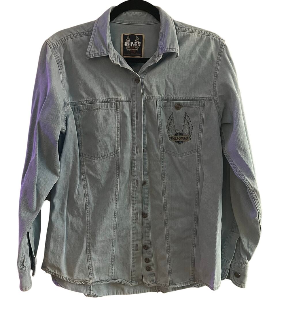 Harley Davidson Corduroy Blue Shirt Womens Size Medium